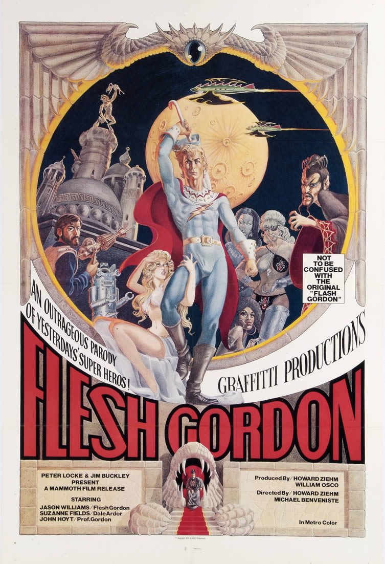 Flesh Gordon, starring Jason Williams, Suzanne Fields and John Hoyt. Directed by Howard Ziehm and Michael Benveniste, 1974