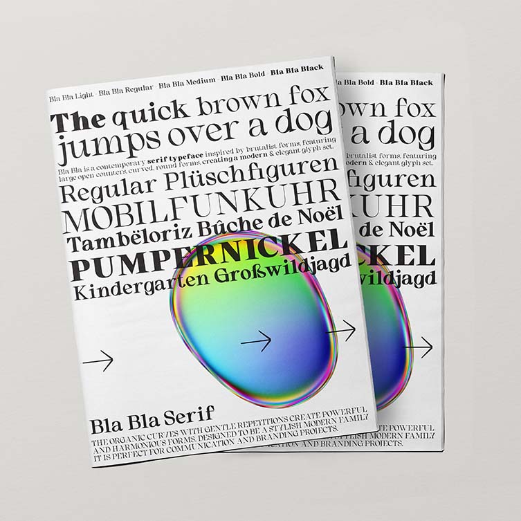 Spesimen Typeface Bla Bla Serif oleh Paul Robb, Pemenang Kategori Grafis, Ilustrasi dan Desain Komunikasi Visual, 2022—2023