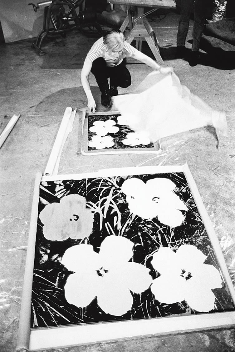 Andy Warhol silk-screening Flowers, 1965-7