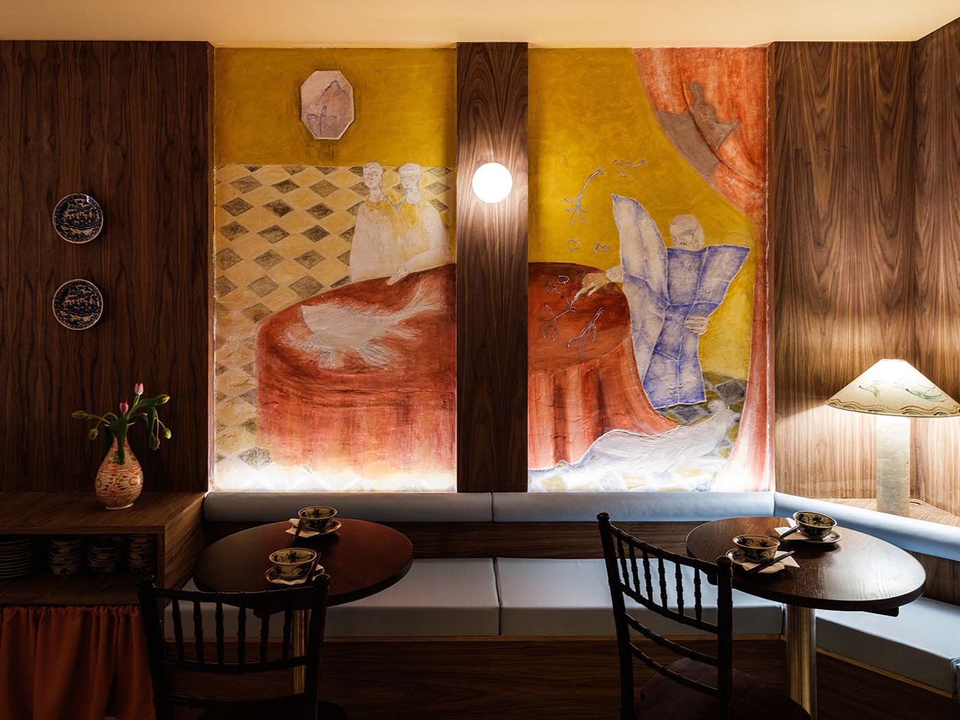 Now as much as gallery as dining room, House of Baby bring curved glass blocks, pink tile and nostalgic fresco work to Bánh Bánh Brixton...