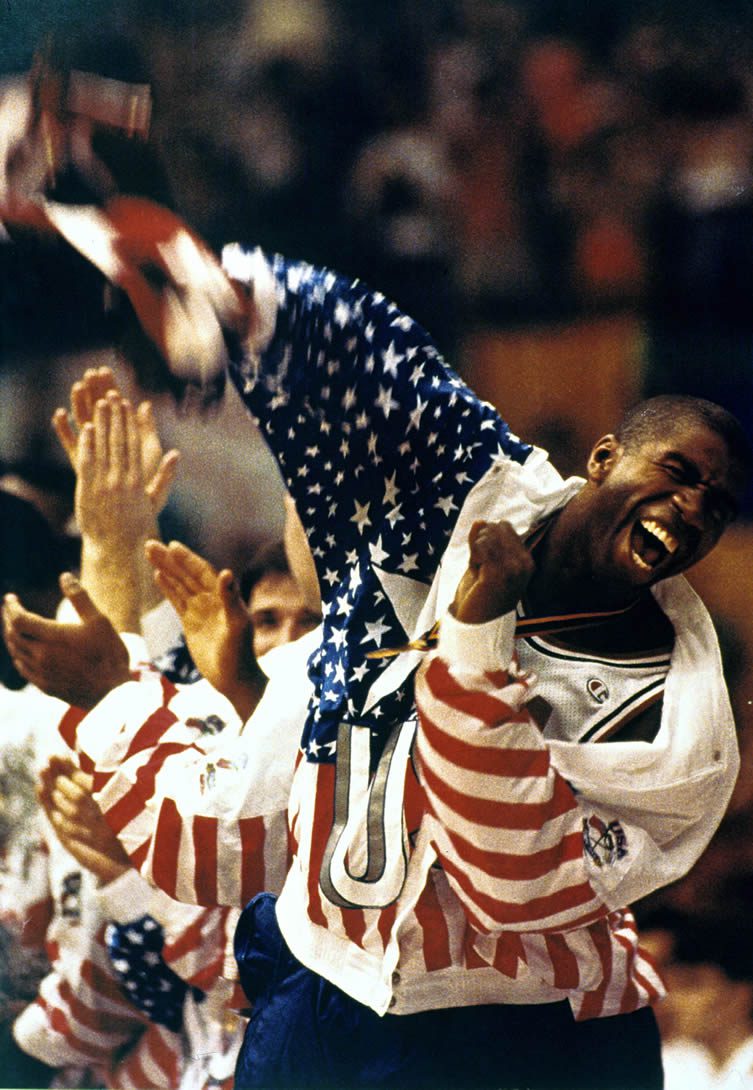 Magic Johnson ecstatic after the American team's defeat of Croatia 117-85 in the basketball final at the Barcelona '92 Olympic Games