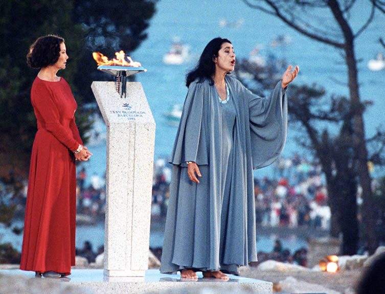 Actresses Nuria Espert and Irene Papas during the event to welcome the Olympic flame following its journey from the Greek city of Olympia