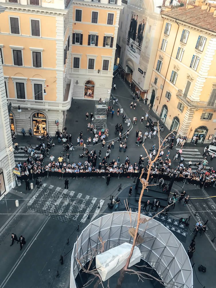 View from restaurant Zuma, which occupies the top floor of Palazzo Fendi, as crowds gather for the unveiling
