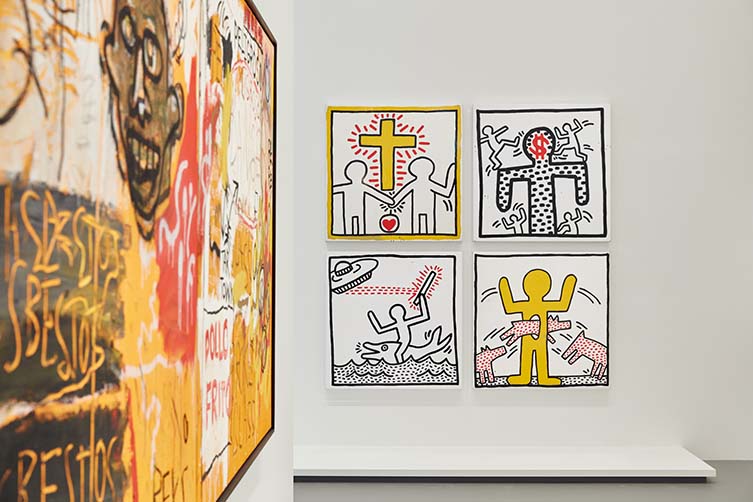 Installation views of Keith Haring | Jean-Michel Basquiat: Crossing Lines at NGV International