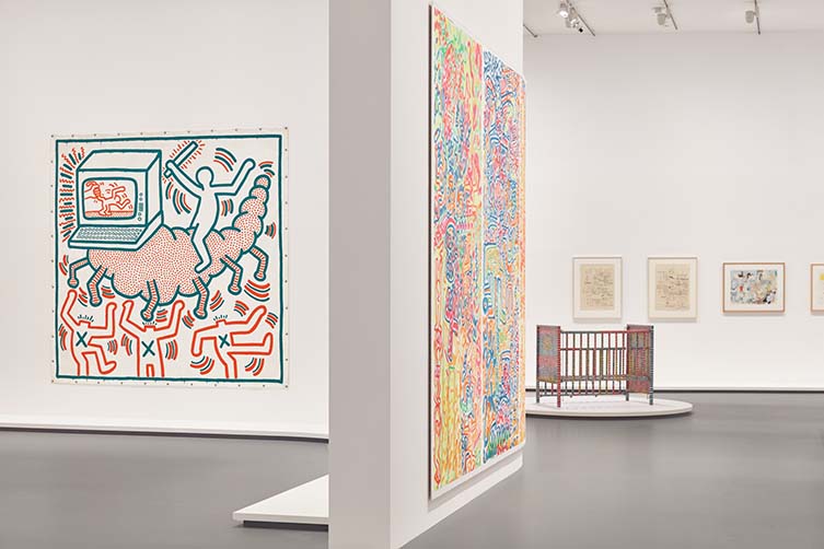 Installation views of Keith Haring | Jean-Michel Basquiat: Crossing Lines at NGV International