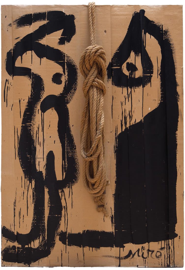 Joan Miró, Painting, 1977, House paint and rope on corrugated cardboard mounted on wood, 130 x 90 cm. Courtesy Mayoral