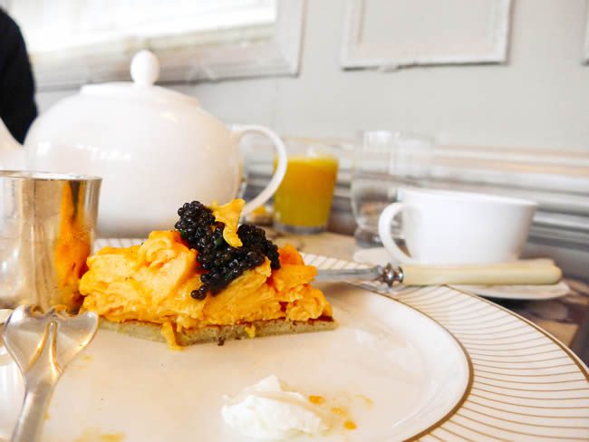 Tucking into breakfast in the Grade II-listed dining room, including eggs with Exmoor caviar