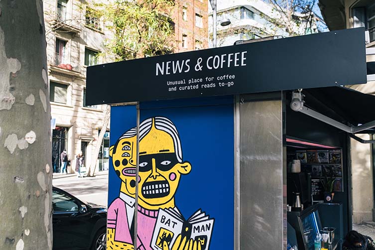 Barcelona Newsstand with Independent Magazines and Third Wave Coffee