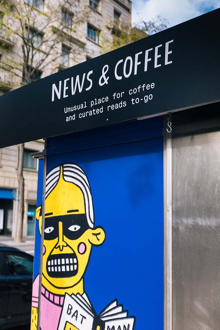 Barcelona Newsstand with Independent Magazines and Third Wave Coffee