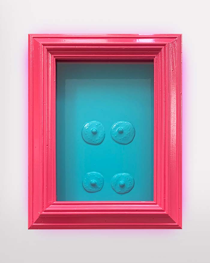 Oliver Cain, HHHHH. Ceramic nipples with background spray-painted in wooden frame painted in acrylic