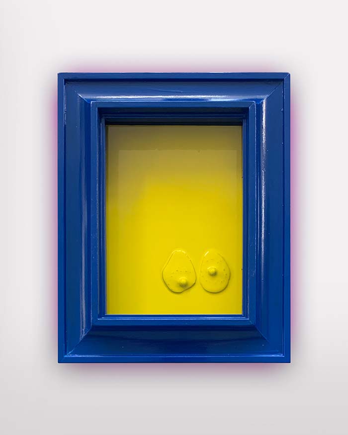 Oliver Cain, HHHHH. Ceramic nipples with background spray-painted in wooden frame painted in acrylic