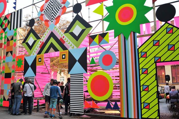 Morag Myerscough & Luke Morgan, Open Wide — Arrival Zone & Markers, Opheum & Volksgarten-Pavillion for Steirischer Herbst, Graz