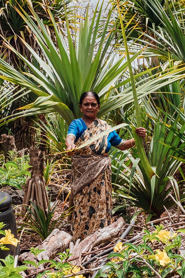 Reotee Buleeram creates the colourful beach bags at Salt of Palmar. This is her in the yard behind her workshop in the small village of Brisée Verdière on the east of the island