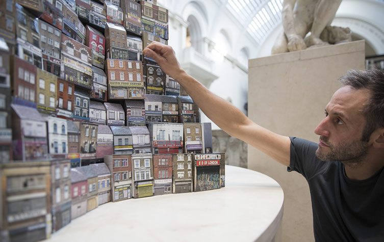 Barnaby Barford's 'The Tower of Babel' installed in the V&A's Medieval and Renaissance Galleries
