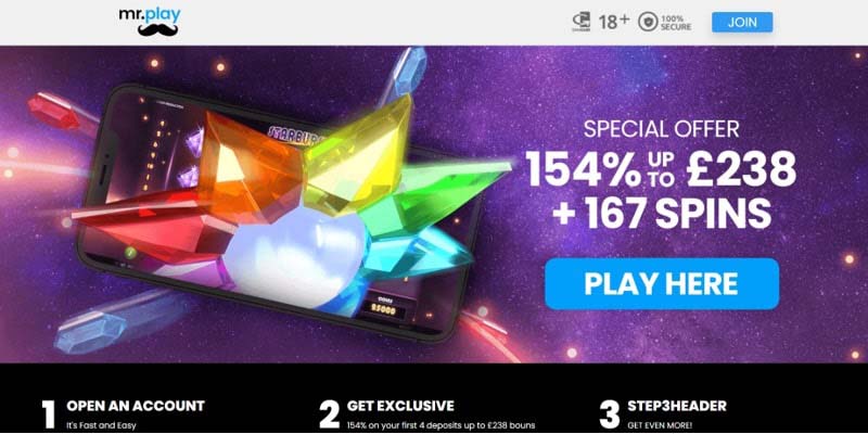 5. 154% Bonus up to £238 + 167 Extra Spins [Mr Play]