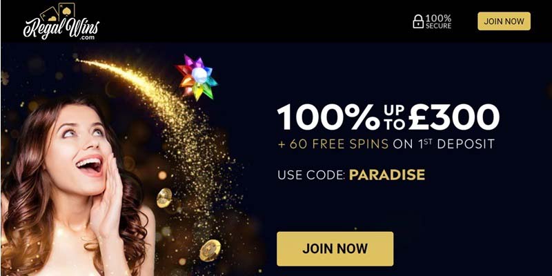 7. 100% Bonus up to £300 + 60 Extra Spins [Regal Wins]