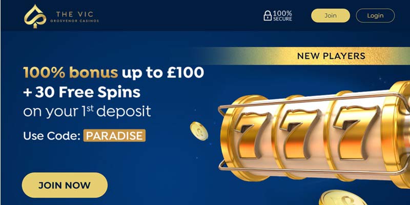 8. 100% Bonus up to £100 + 30 Bonus Spins [The Vic]